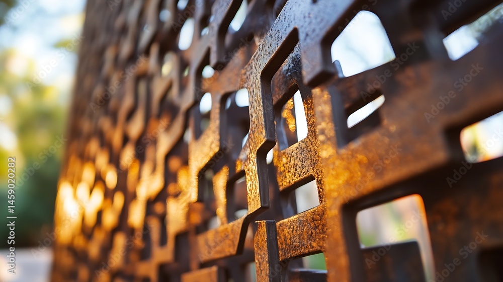 Poster Close-up view of a rusty metal screen with geometric cutouts, illuminated by warm sunlight, creating a textured and abstract pattern. : Generative AI
