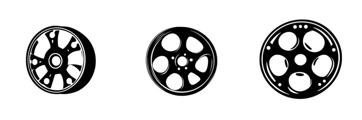 Black flat icons showcasing different styles of car wheels, highlighting automotive design and functionality