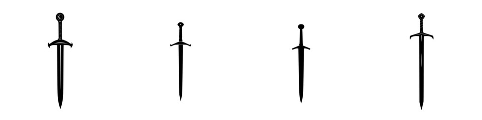 Flat black icon of multiple sword designs representing historical weaponry variations for artistic or thematic purposes