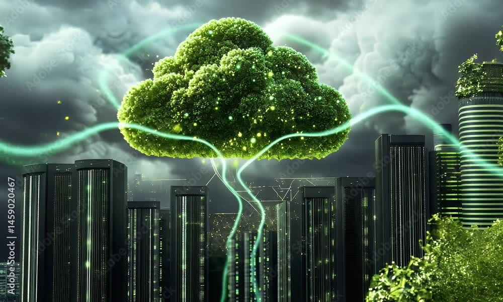 Poster a green cloud symbol floating above rows of data center server equipment,