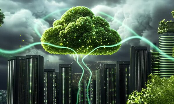 A green cloud symbol floating above rows of data center server equipment, 