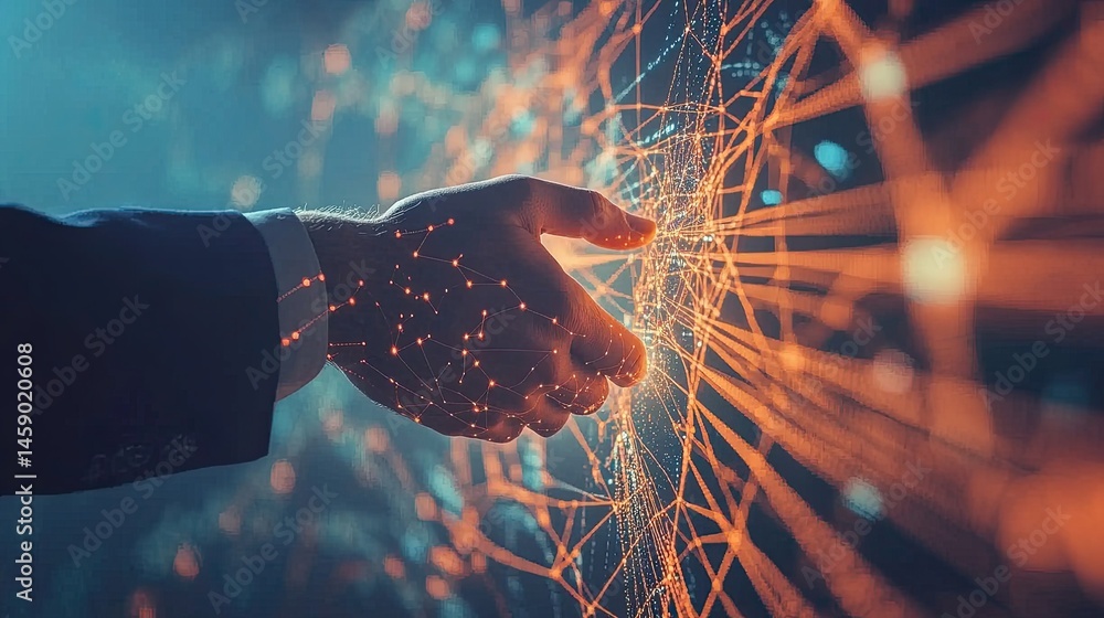Poster digital frontier: hand interacting with an advanced futuristic network display