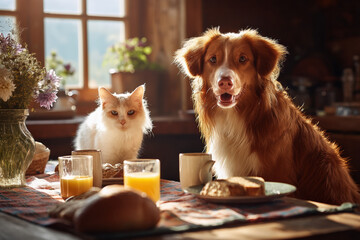 Fototapeta na wymiar A fluffy ginger dog and a white cat sit patiently at a rustic wooden table, awaiting breakfast; sunlight streams through a nearby window, illuminating the scene.