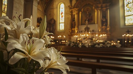 Ornate church interior with lilies and altar.