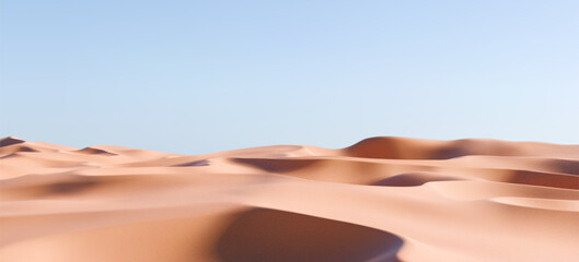 3D realistic sand dunes landscape with hills and hot summer terrain. Render of desert dune or beach with sandy texture and blue sunset sky. Product podium and summer sale concept. 3D realistic vector