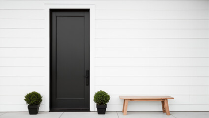 Modern Black Door Entrance with White Siding, Wooden Bench and Decorative Potted Plants for Contemporary Home Design