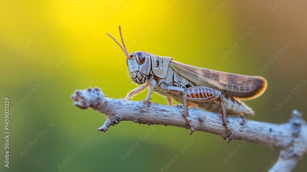 Poster close-up of a grasshopper perched on a light grey twig, bathed in warm yellow sunlight, showcasing i
