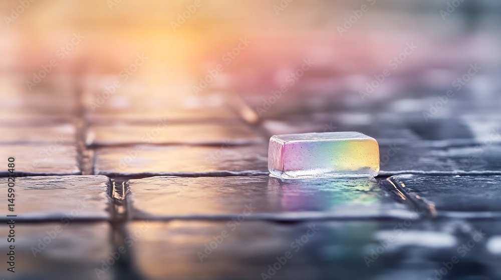 Poster a single, iridescent ice cube rests on a wet, dark stone pavement, bathed in the warm glow of a sett