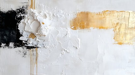 Abstract art painting with textured white, black, and gold accents, showcasing impasto technique and a modern minimalist aesthetic. : Generative AI