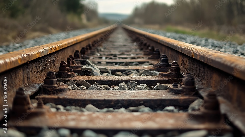 Poster close-up view of rusty railroad tracks extending into the distance, showcasing weathered steel, grav