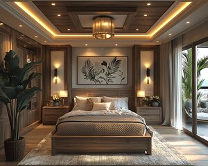 Luxurious bedroom design, wood accents, ocean view