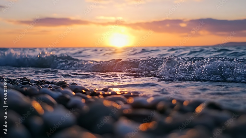 Leinwandbilder Close-up view of ocean waves gently lapping on a pebble beach at sunset, showcasing the warm golden light reflecting on the wet stones and the soft foam of the breaking waves. : Generative AI