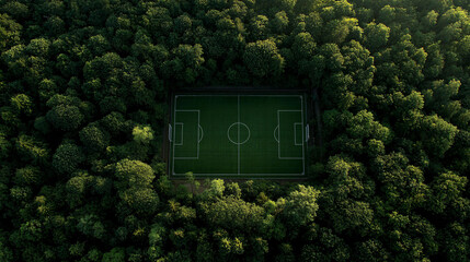 Serene Football Pitch Nestled in a Lush Forest Clearing Surrounded by Tall Trees and Nature