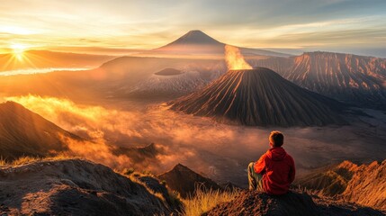 Fototapeta premium Serene Vantage: Captivating perspective of a lone figure beholding the magnificent panorama of mountain range and volcanoes, kissed by the golden light of dawn.