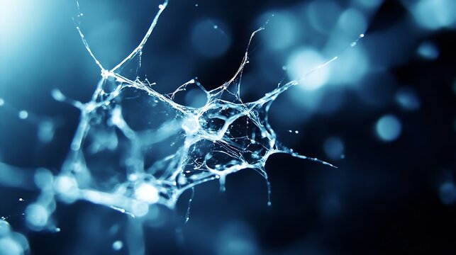 Abstract blue web-like structure, intricate details, dark background, digital art, resembling a shattered glass or ice splash, with bokeh effect. : Generative AI