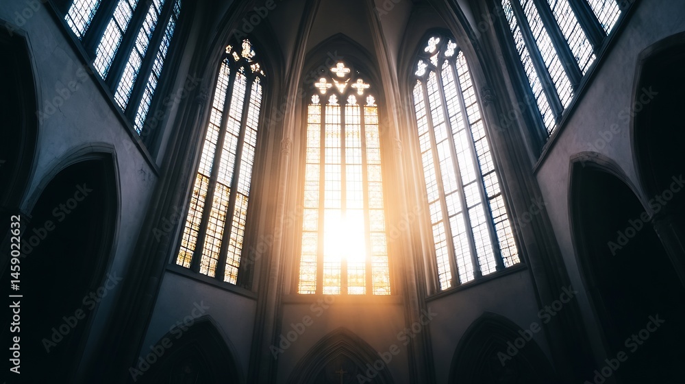 Aufkleber sunlight streams through gothic arched windows in a dimly lit church, illuminating stained glass pan