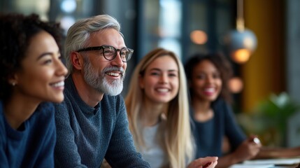 Fototapeta premium Enthusiastic Group at Meeting: A vibrant business team of diverse individuals is engaged in a meeting, expressing smiles, and radiating positivity.