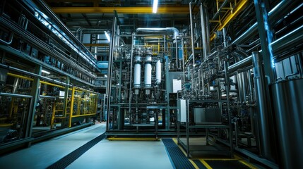 Fototapeta premium Industrial Plant Interior: A complex network of pipes, valves, and machinery dominates the interior of a modern industrial plant, showcasing the intricate workings of large-scale production.