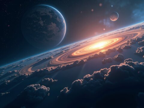 Vastness of space with Earth in the foreground, moon to the right, and planets beyond