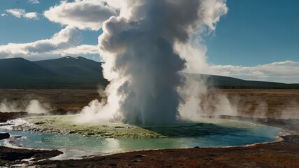 Fototapeta premium Geothermal activity in iceland with erupting geyser pool and distant mountains under a cloudy blue sky
