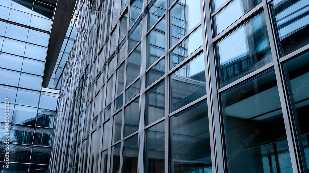 Aufkleber modern glass building exterior, showcasing a geometric pattern of windows and reflections, creating 