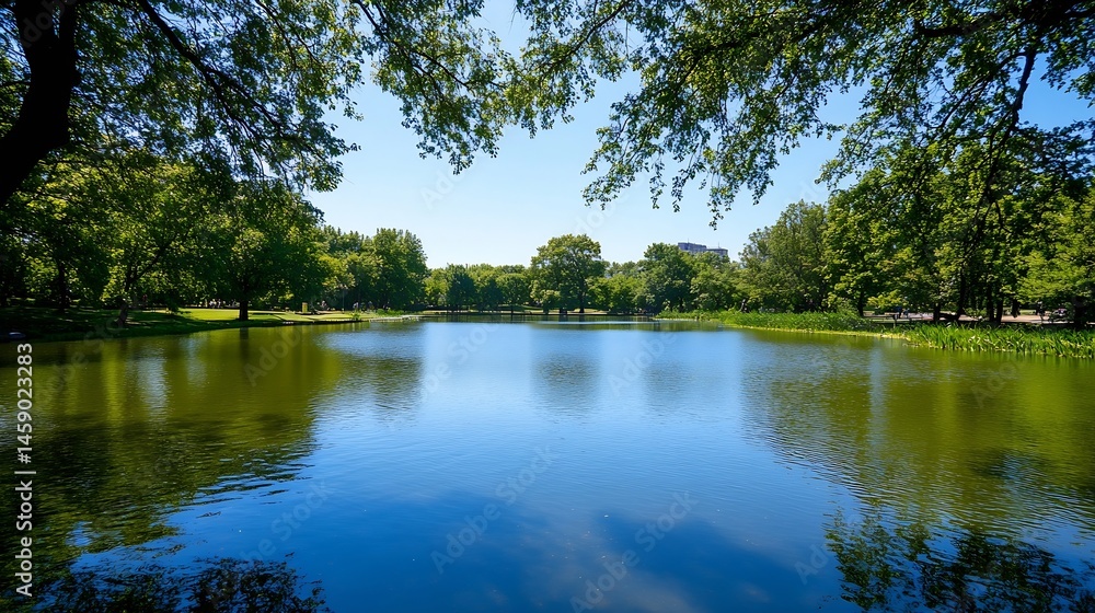 Poster serene summer scene of a calm lake nestled within a lush green park, sunlight dappling the tranquil 