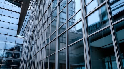 Modern glass building exterior, showcasing a geometric pattern of windows and reflections, creating a sleek and contemporary architectural design. : Generative AI