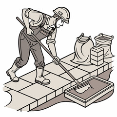 Construction worker finishing concrete on job site with tools  