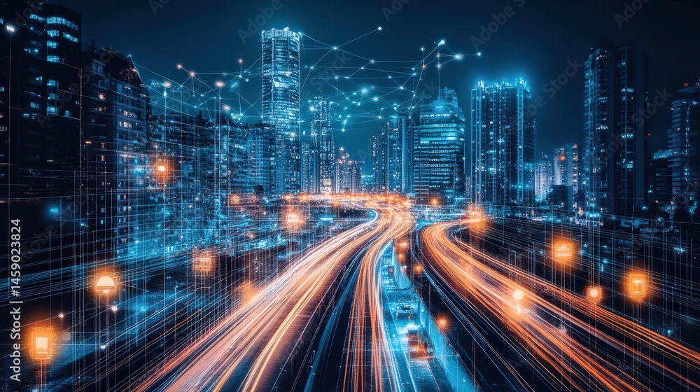 Poster a digital command center where ai workers oversee large-scale infrastructure, from transportation sy