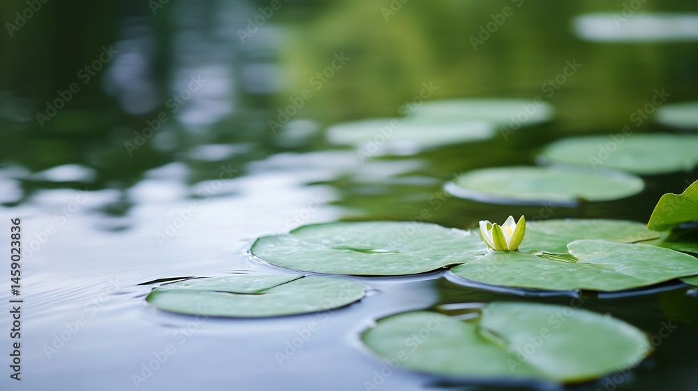 Poster serene water lily blossom floats gently on calm pond water, surrounded by lush green lily pads refle