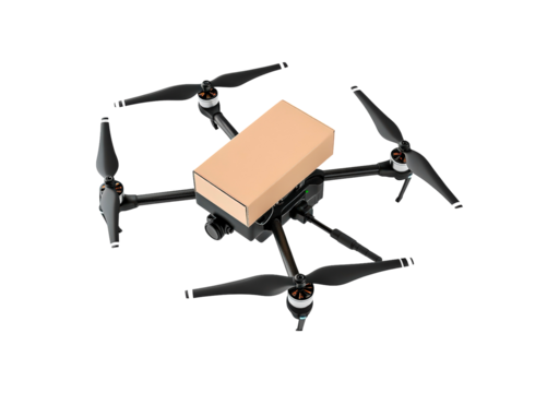 Box carried by a drone on a transparent background