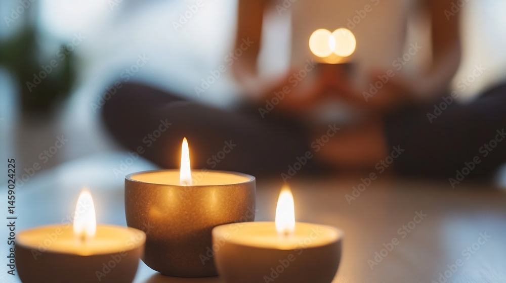 Poster serene woman meditating with three burning candles in a dimly lit room, creating a peaceful and calm