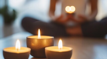 Serene woman meditating with three burning candles in a dimly lit room, creating a peaceful and calming atmosphere. : Generative AI