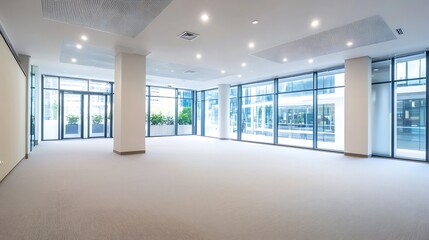Obraz premium Spacious, modern office interior with large windows and beige carpeting, offering ample natural light and a minimalist design aesthetic. : Generative AI