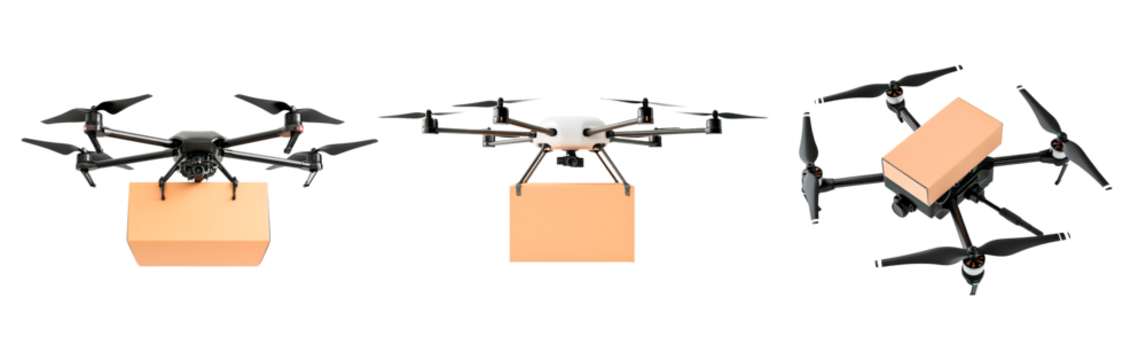 Delivery drone with package paper box on a transparent background