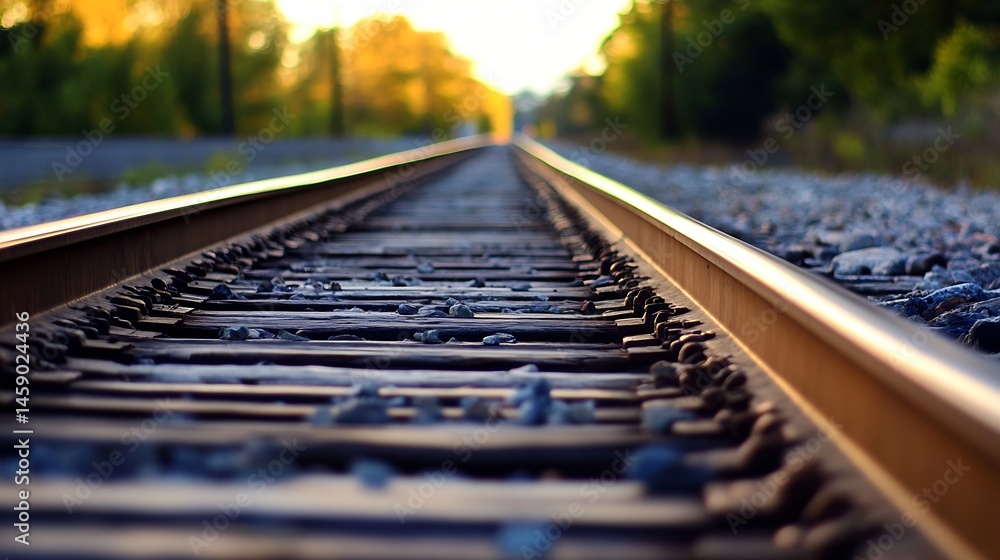 Aufkleber a close-up view of railroad tracks extending into a blurred horizon, bathed in the warm glow of suns