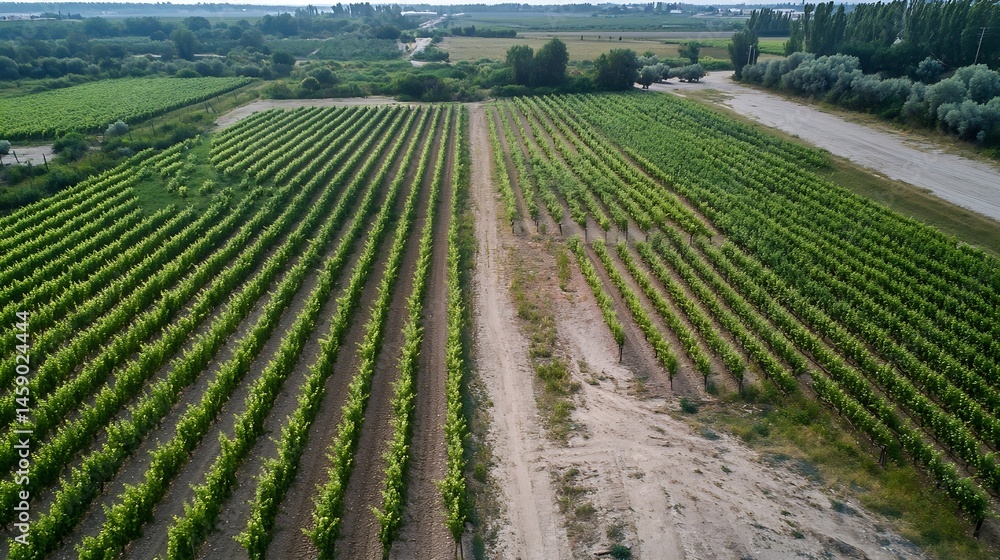 Poster aerial view of two parallel rows of neatly planted vineyards, separated by a dirt road, showcasing a