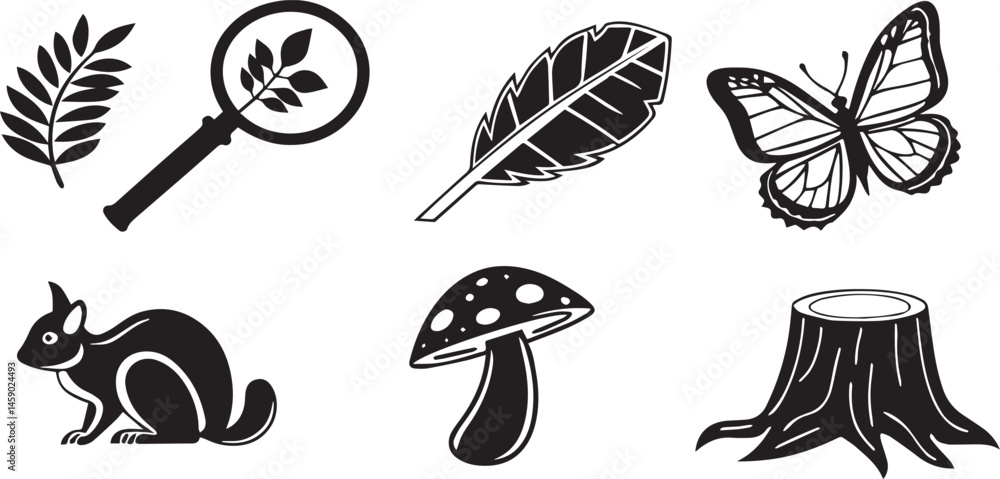 Poster cat microsco leaf butterfly mushroom tree vector icon set in clean design style