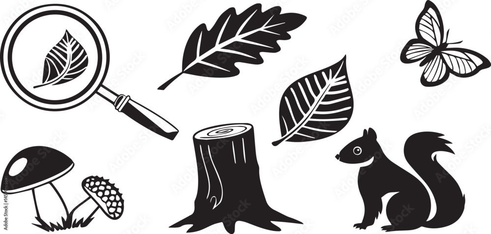 Poster cat microsco leaf butterfly mushroom tree vector icon set in clean design style black vector icon se