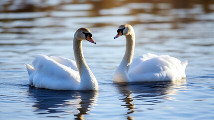 Obraz premium Two graceful white swans swim serenely on a calm, blue lake, their elegant necks curved, reflecting the sunlight on the water's surface. : Generative AI
