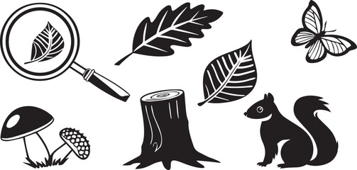 Cat Microsco Leaf Butterfly Mushroom Tree Vector Icon Set in Clean Design Style Black Vector Icon Set Focused on Simplicity