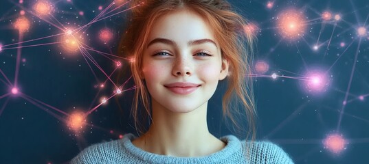 Conceptual AI mind network in woman showing digital brain mapping and artificial intelligence cognition expansion
