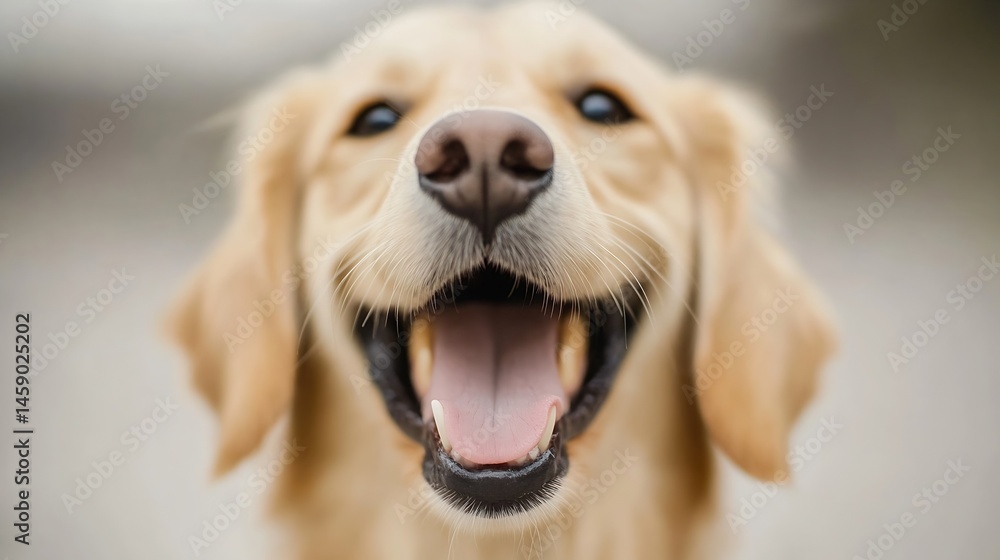 Poster close-up portrait of a happy golden retriever dog, its mouth open in a joyful expression, showing it
