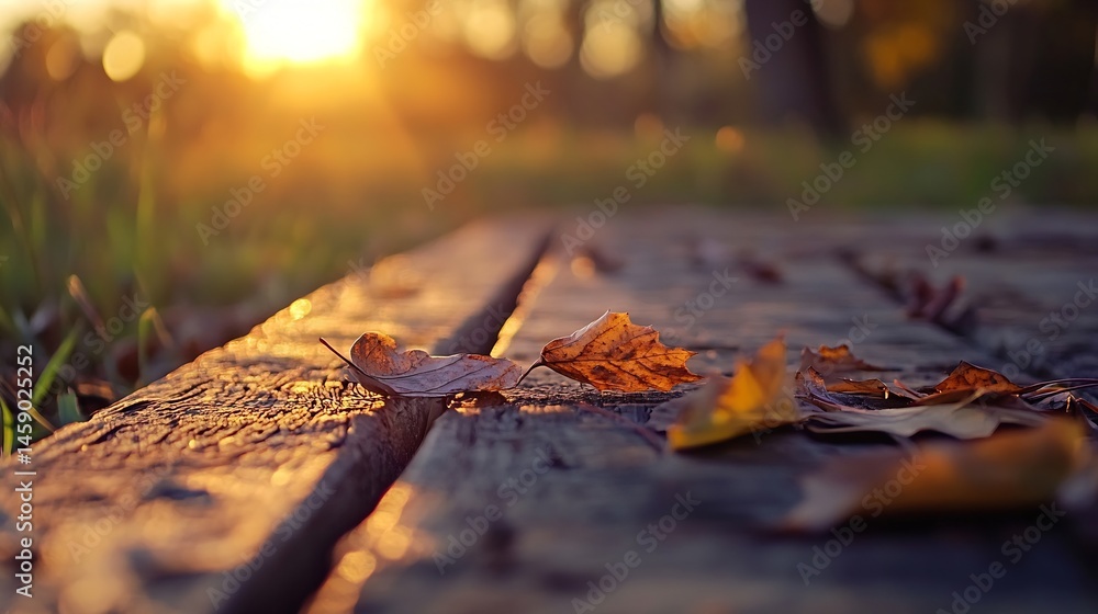 Aufkleber Autumn leaves rest on weathered wooden planks, bathed in the warm golden light of a setting sun, creating a serene autumnal scene. : Generative AI