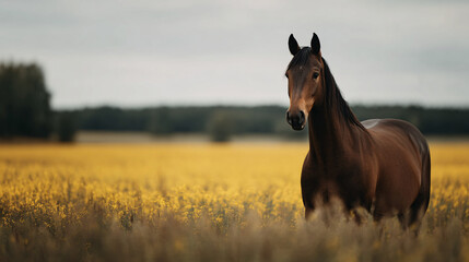 Majestic horse standing in golden field under soft sunlight with gentle breeze and rolling hills in the distance