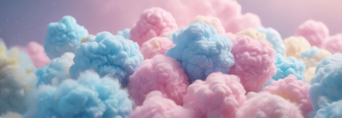 Fototapeta premium Fuzzy pink, blue, yellow blend; dreamy cotton candy effect , visual, cloud, abstract