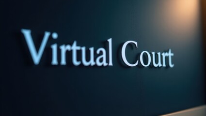 Fototapeta premium Virtual court. Virtual Court text glowing blue letters on dark background, digital justice concept, online legal system, technology law, cyber courtroom, modern secure interface, futuristic design, p