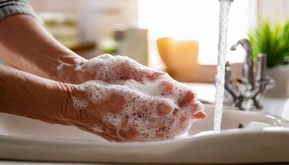 Fototapeta premium Elderly washing Hands at a Sink - Pandemic Bacteria, Disease, Sickness Prevention - Wash Hands with Anti Bacterial Soap and Sanitzer Gel - Personal Hygiene - Soapy Hands