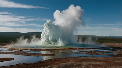 Geyser erupting powerfully in a geothermal area with blue sky and scattered clouds above the horizon