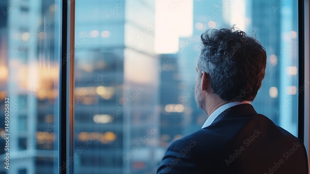 Poster a businessman in a dark suit stands by a large window, gazing at a city skyline at dusk. the citysca